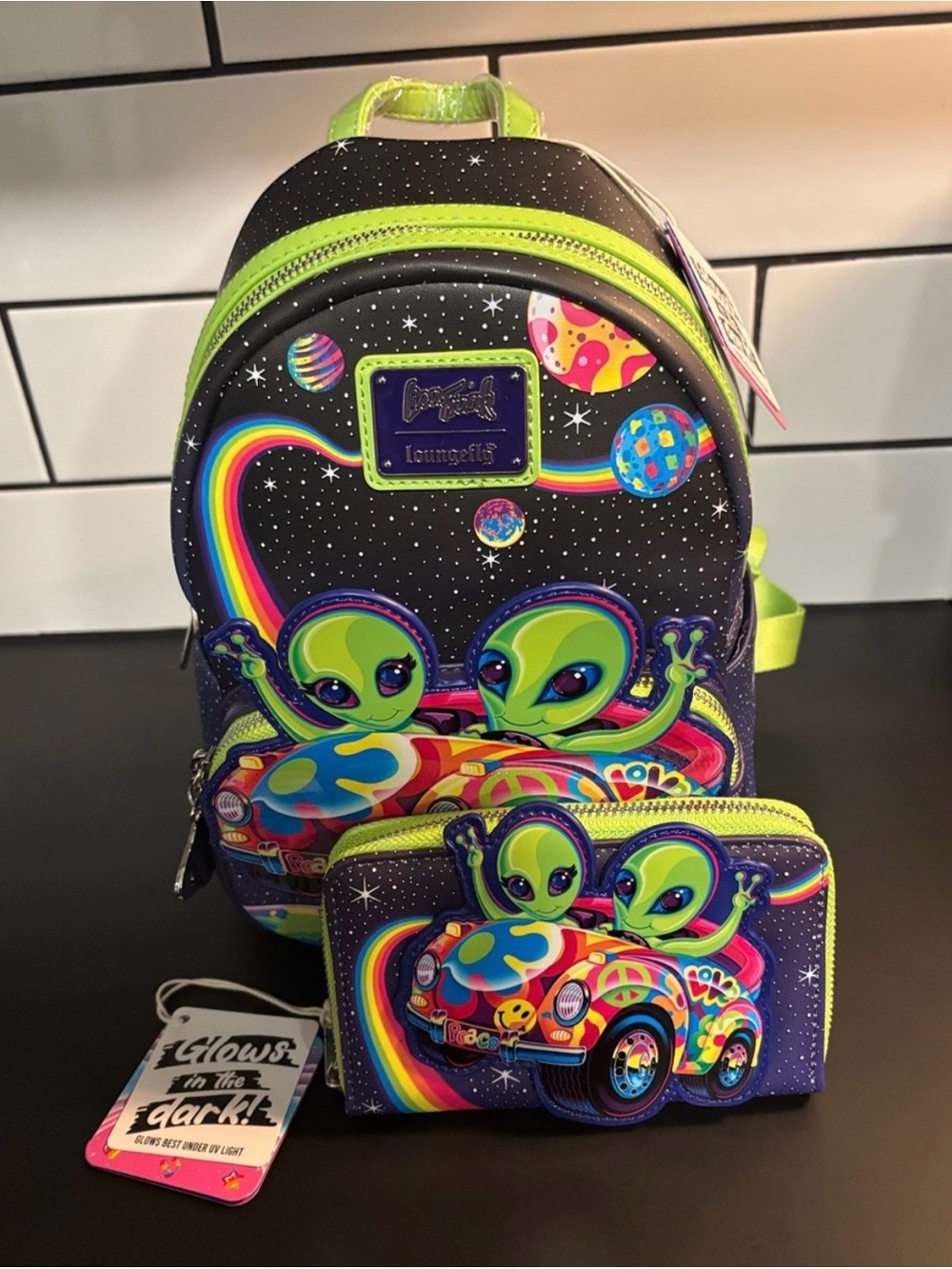 NWT Lisa Frank Loungefly Exclusive Backpack & Wallet Alien ZOOMER & ZORBIT GITD